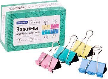 Зажимы для бумаг 41мм, OfficeSpace, 12шт., цветные, картонная коробка 257955;00000038999