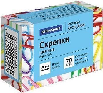 Скрепки 28мм, OfficeSpace, 70шт., цветные, карт. упак. 186683;00000038909